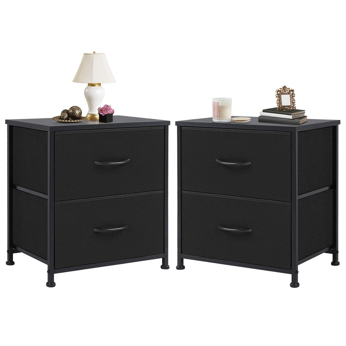 JHK Modern Metal Frame Nightstand With Two Fabric Drawers