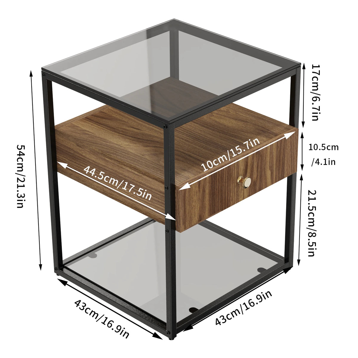 Modern Tempered Glass Side Table With Drawer And Shelf