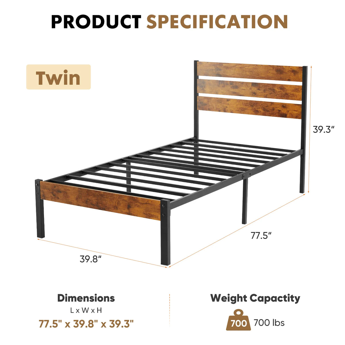 JHK Steel Platform Bed Frame With Headboard And Wooden Slats