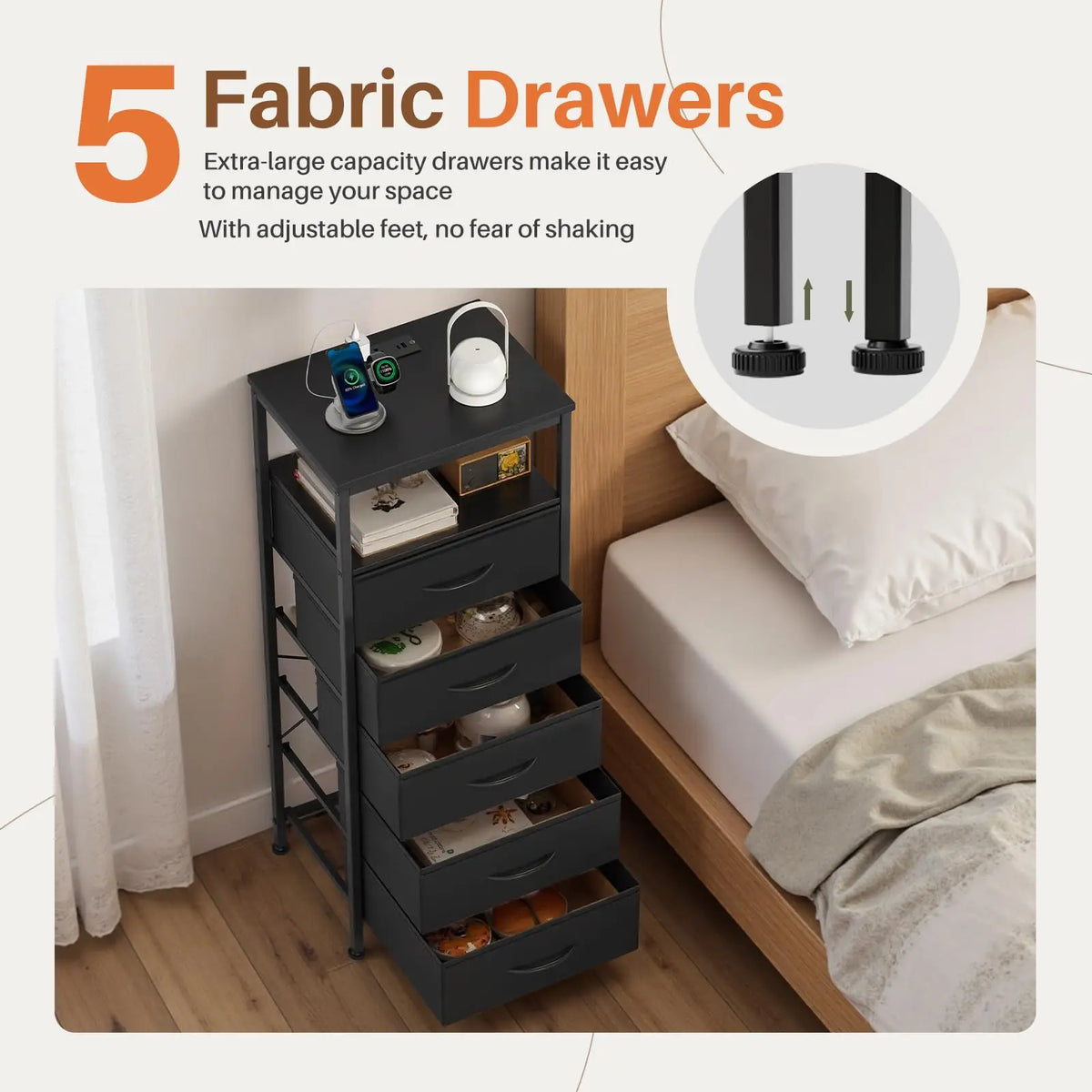 JHK Fabric Drawer Dresser With Charging Station And LED Lights