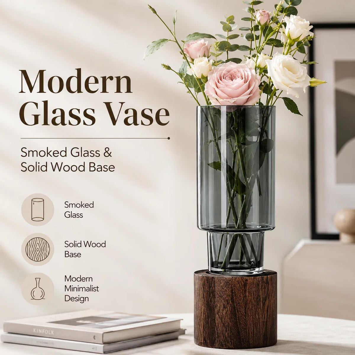 Minimalist Cylinder Glass Vase With Natural Wood Stand For Desktop