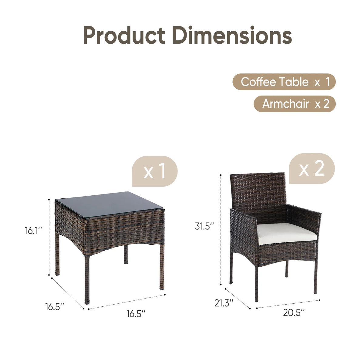 JHK Outdoor Rattan Bistro Set With Glass Table And Cushions