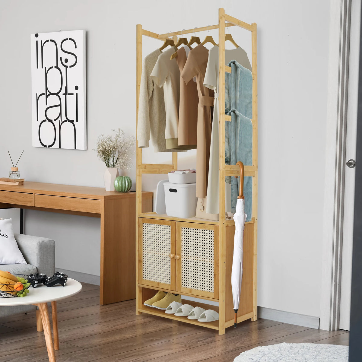 Free Standing Bamboo Clothes Stand With Cabinet And Storage Shelves