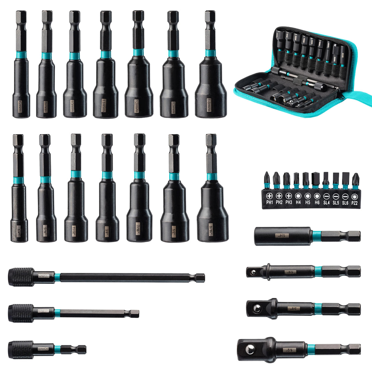 31PCS Magnetic Nut Driver Set, Impact Drill Driver Bit Set 1/4", Metric and SAE Nut Driver, Screwdriver Bits, Impact Socket Adapters, Bit Holder, Quick-release Extensions with Storage Bag