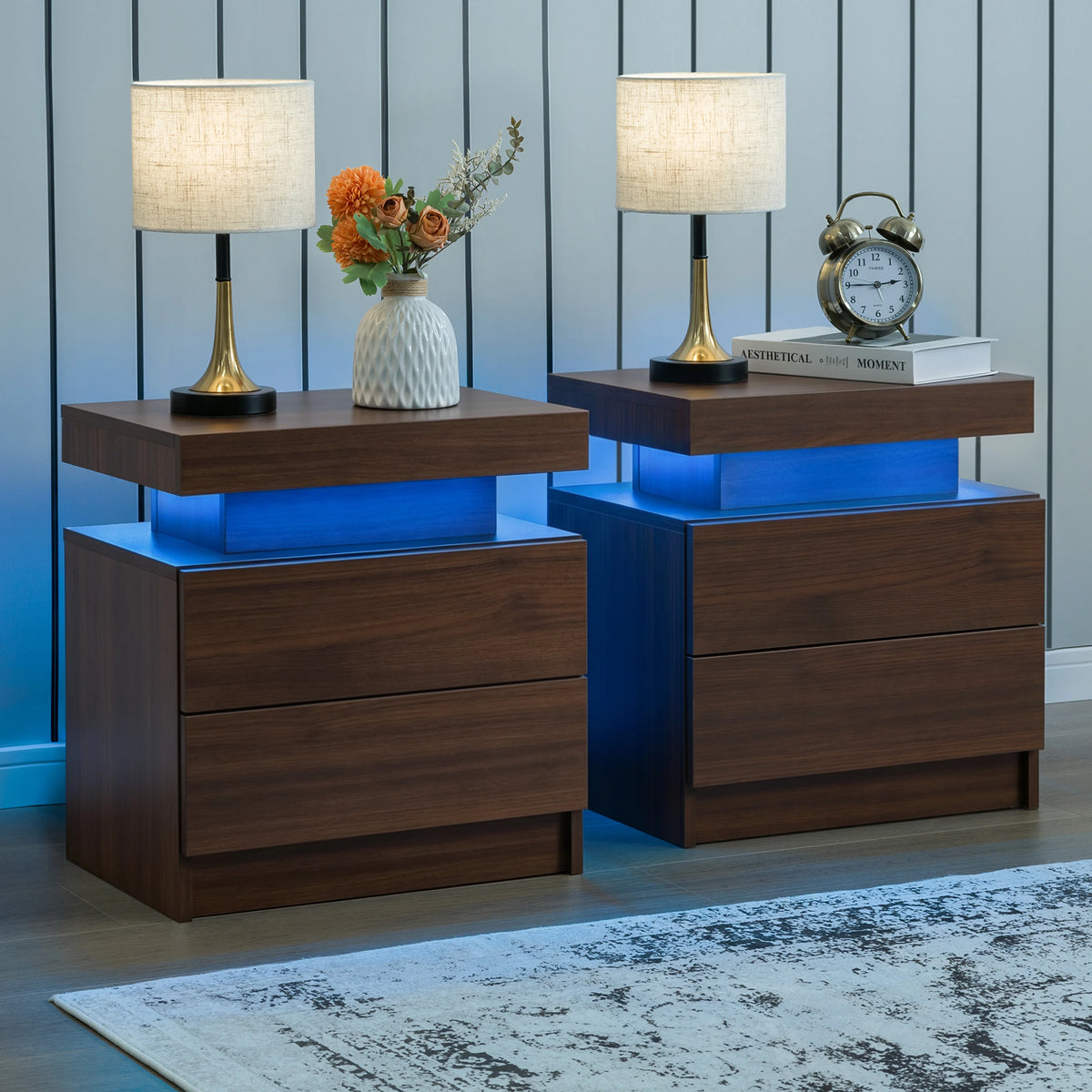 Cubehom Led Nightstand With Two Wooden Drawers And Minimalist Design