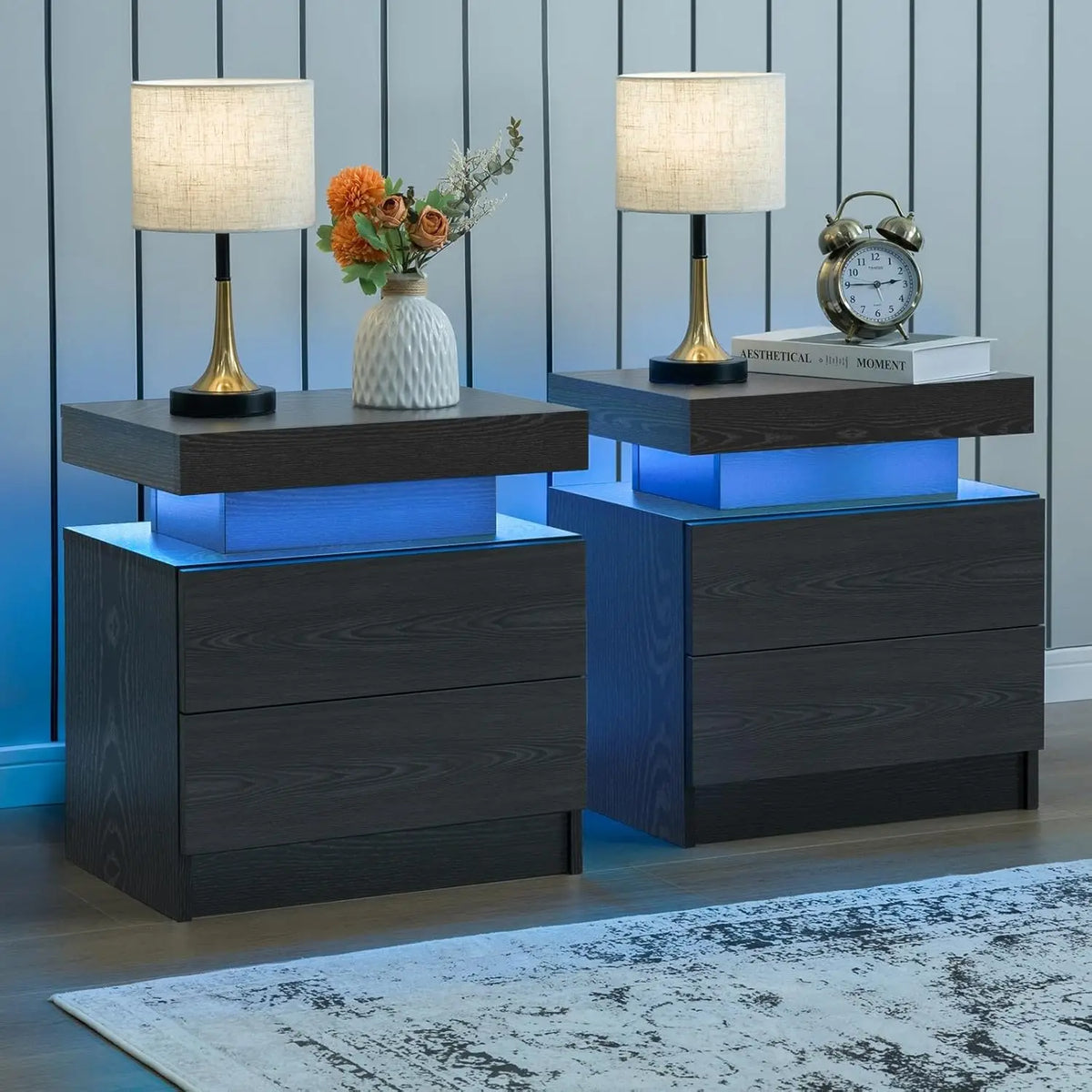 Cubehom Led Nightstand With Two Wooden Drawers And Minimalist Design
