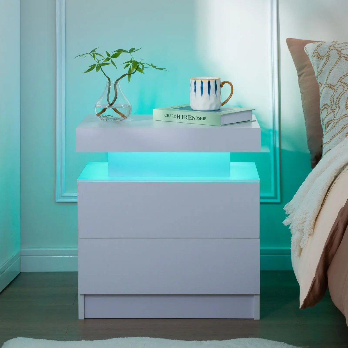 Cubehom Led Nightstand With Two Wooden Drawers And Minimalist Design