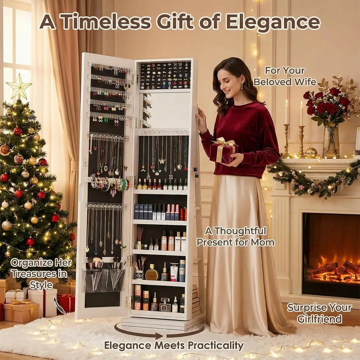 360 Degree Swivel Jewelry Armoire With Full Length Mirror Standing Lockable