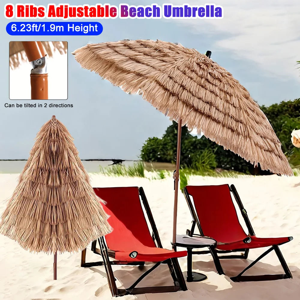 8 Rib Adjustable Thatched Beach Umbrella For Outdoor Patio Canopy