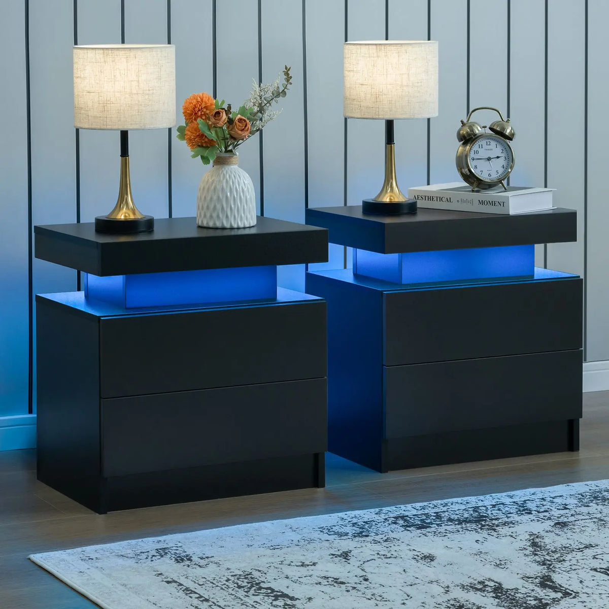 Cubehom Led Nightstand With Two Wooden Drawers And Minimalist Design