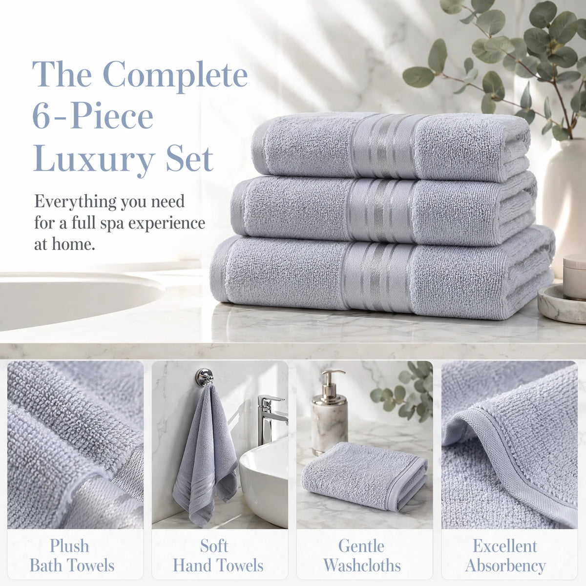 Turkish Cotton Bath Towel Set 6 Piece 600 GSM Premium