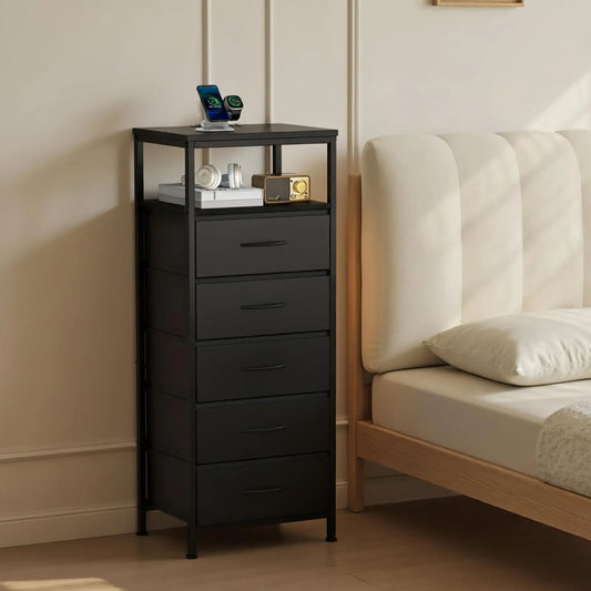 JHK Fabric Drawer Dresser With Charging Station And LED Lights