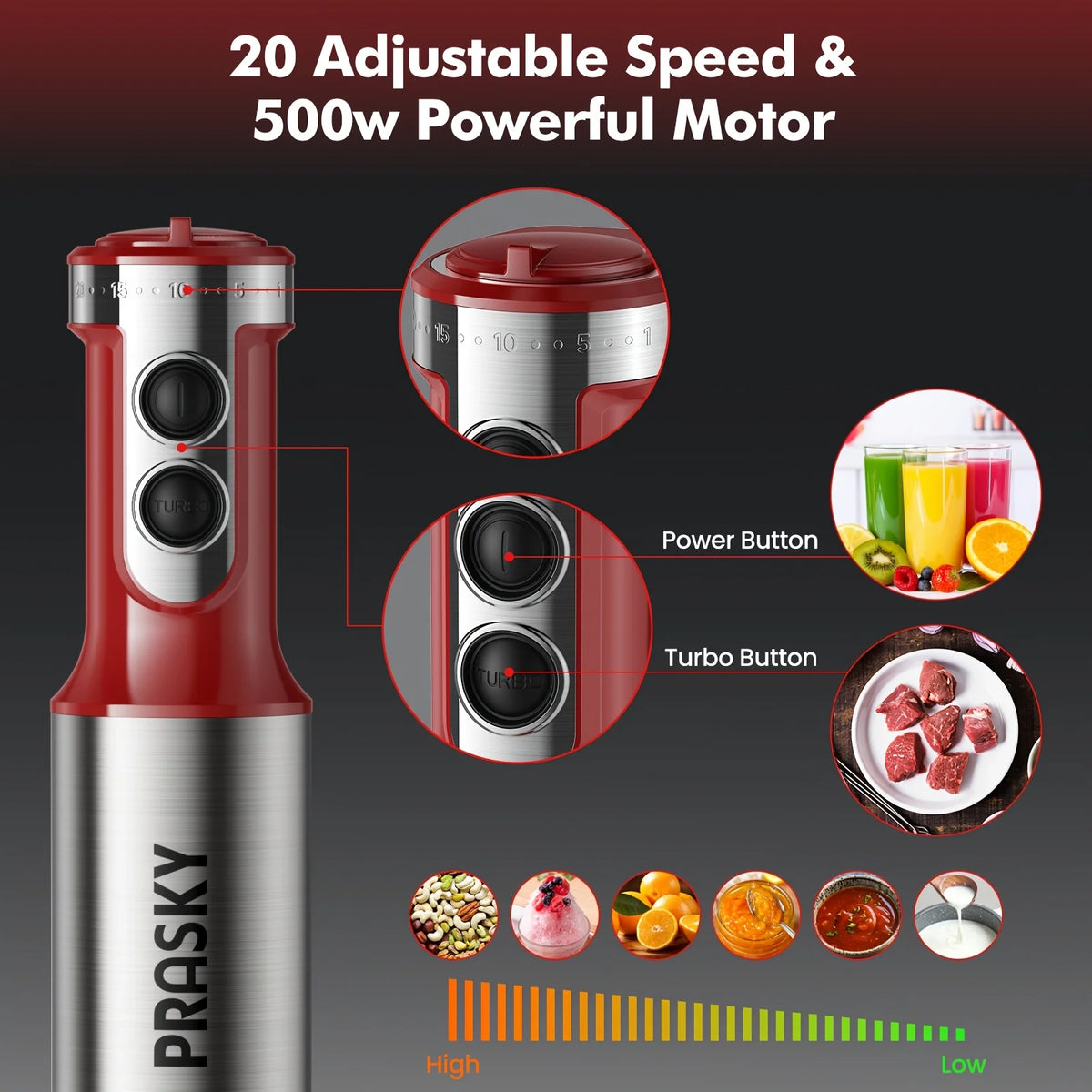 Prasky 5 In 1 Handheld Immersion Blender With High Power Motor And Attachments