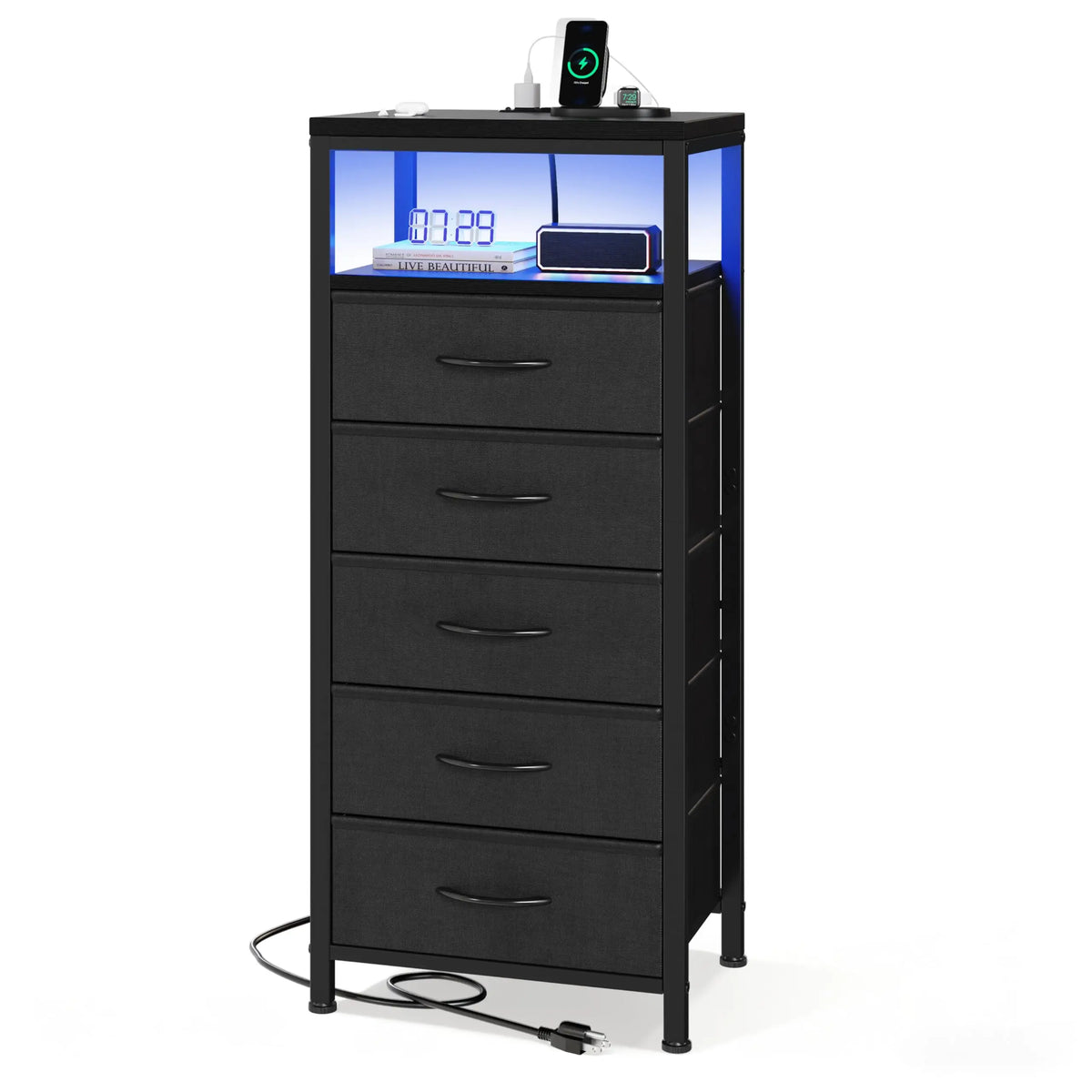 JHK Fabric Drawer Dresser With Charging Station And LED Lights