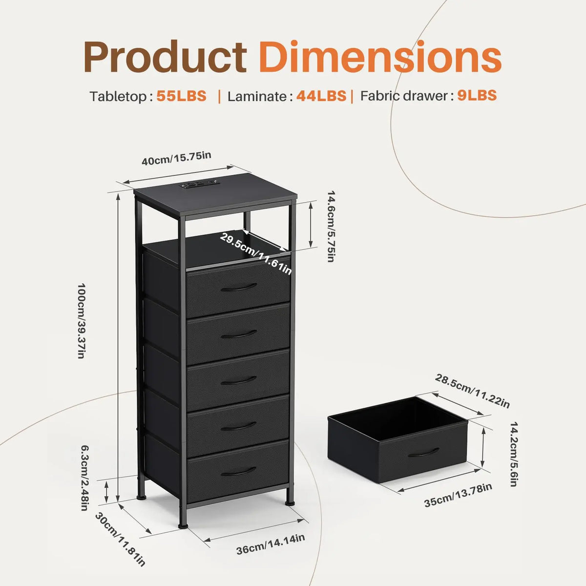 JHK Fabric Drawer Dresser With Charging Station And LED Lights