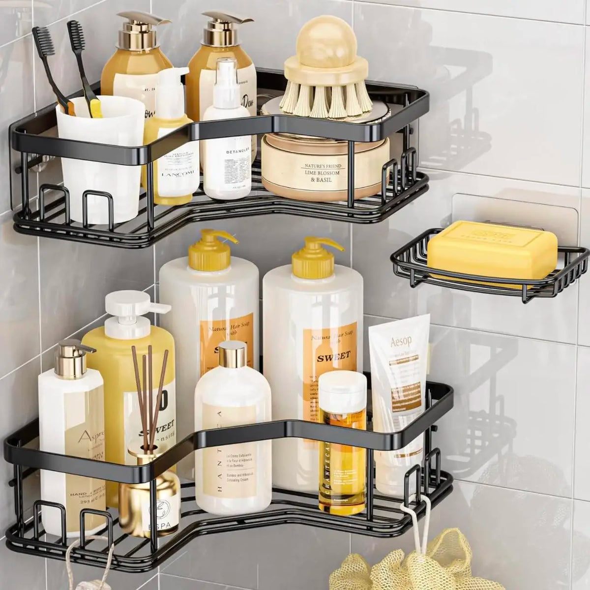 Adhesive Shower Caddy Set No Drilling Rustproof Stainless Steel Bathroom Kitchen