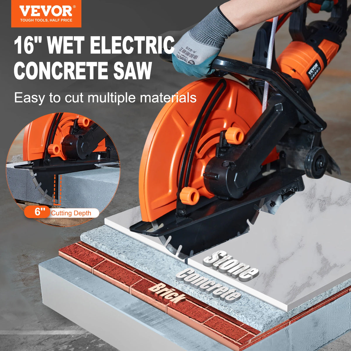 SucceBuy Electric Concrete Saw 15A Motor Circular Saw Cutter with Max. 6in Adjustable Cutting Depth  Wet Disk Saw Cutter Brick
