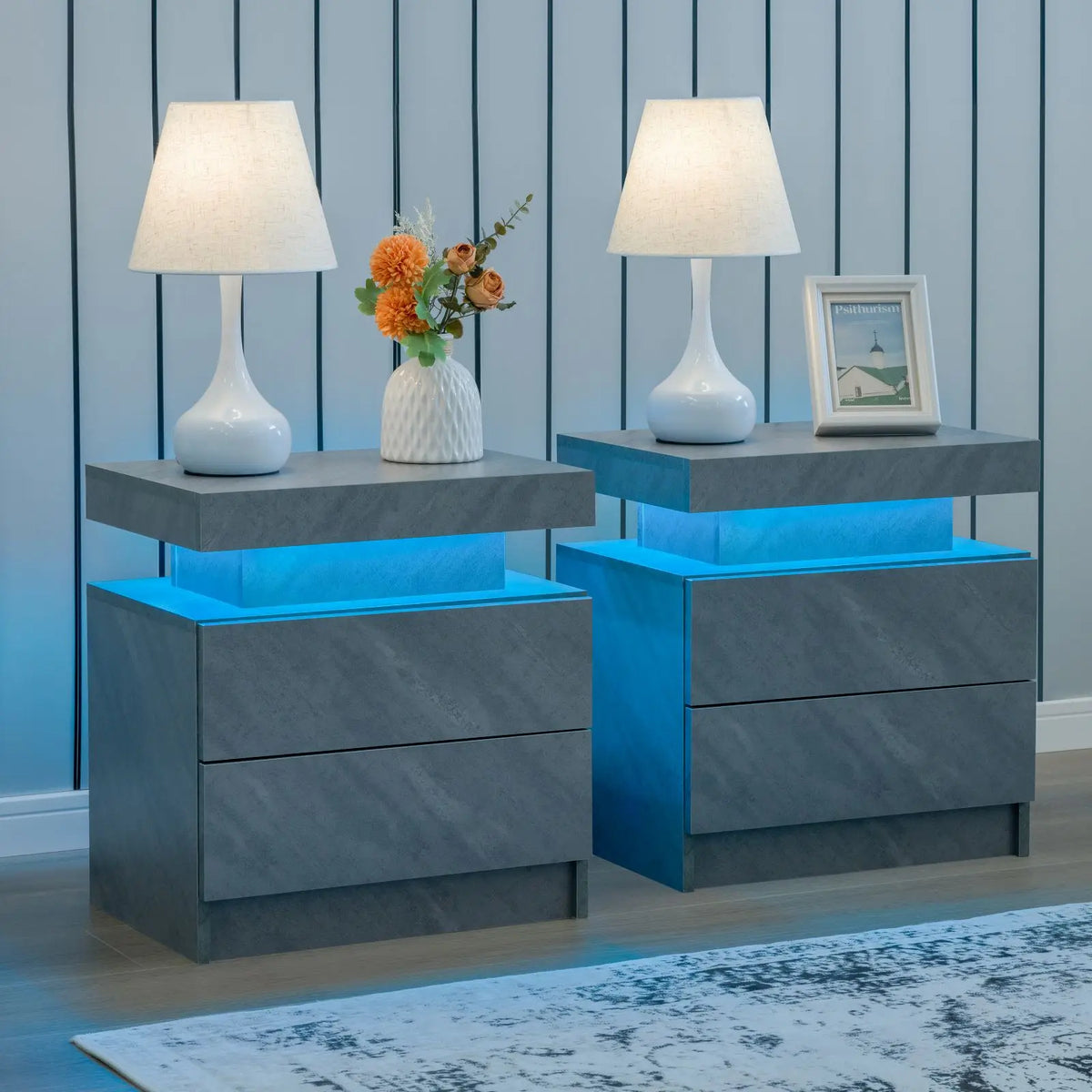 Cubehom Led Nightstand With Two Wooden Drawers And Minimalist Design