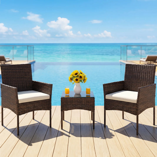 JHK Outdoor Rattan Bistro Set With Glass Table And Cushions