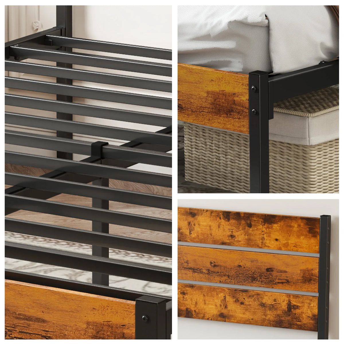 JHK Steel Platform Bed Frame With Headboard And Wooden Slats