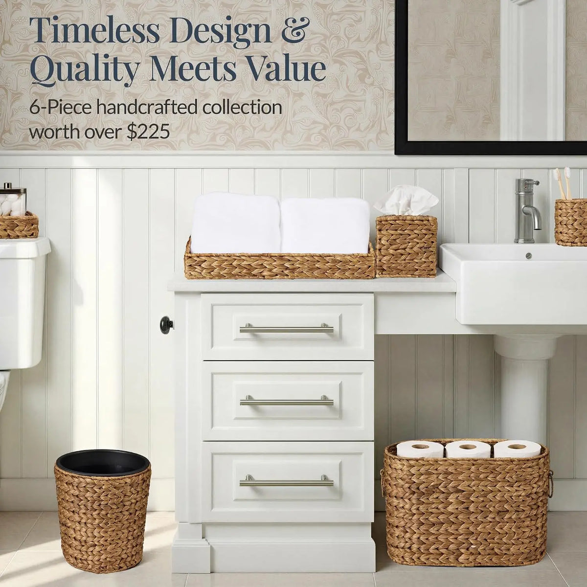 Six Piece Bathroom Accessories Set Vanity Trays Qtip Canister Square