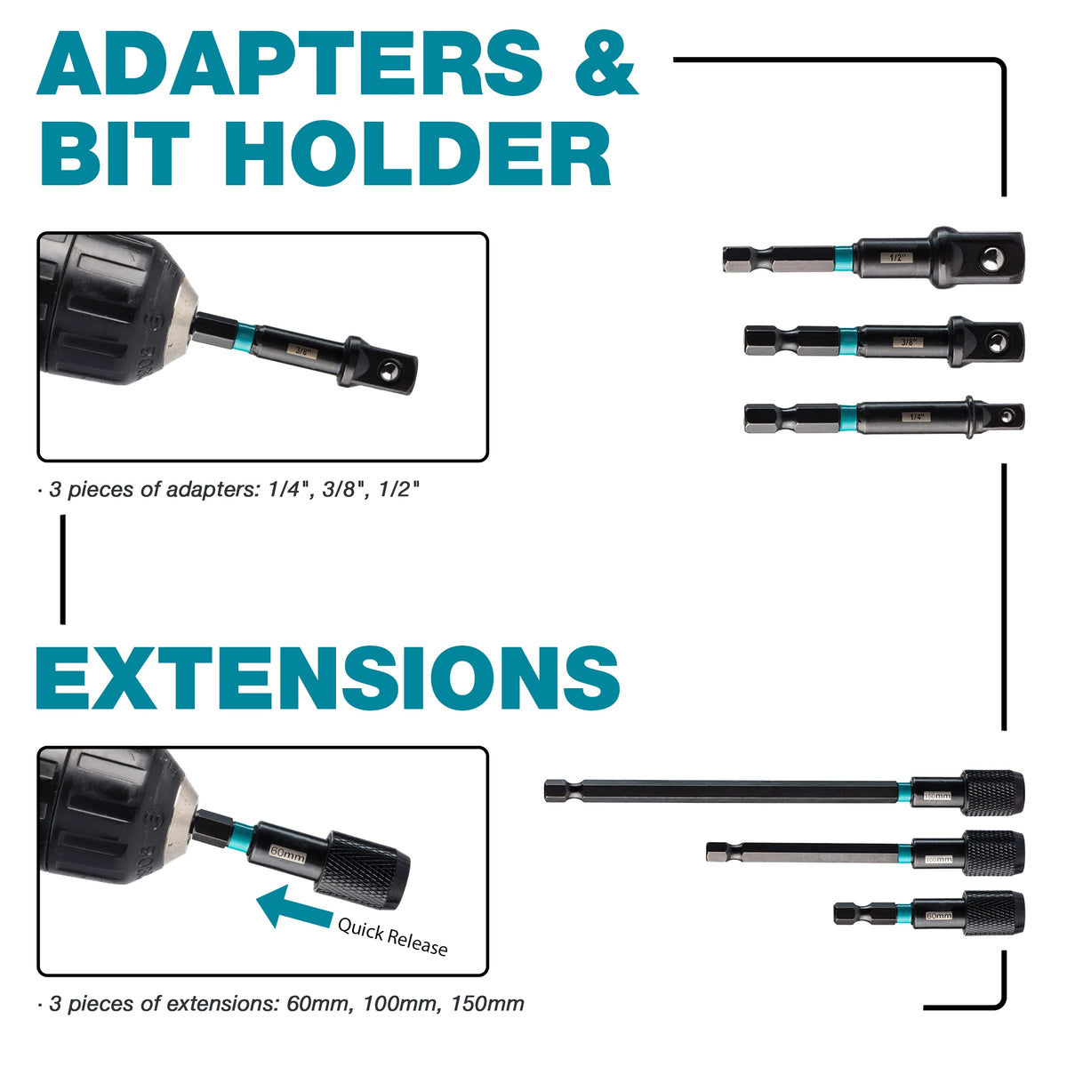 31PCS Magnetic Nut Driver Set, Impact Drill Driver Bit Set 1/4", Metric and SAE Nut Driver, Screwdriver Bits, Impact Socket Adapters, Bit Holder, Quick-release Extensions with Storage Bag