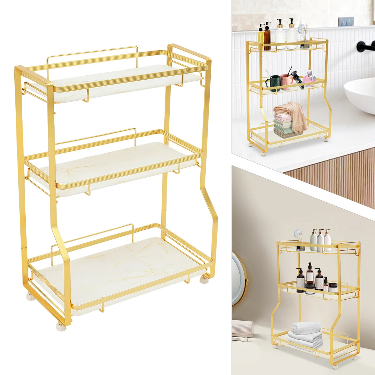 Bymaocar 3 Tier Bathroom Countertop Organizer Gold Storage Shelf For Toiletries