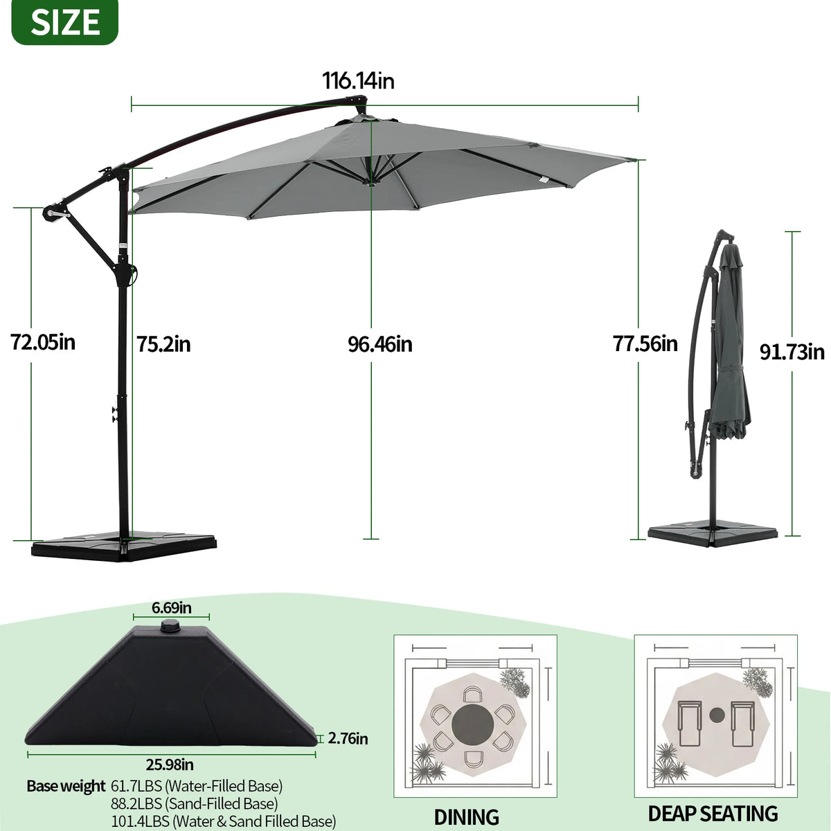 JHK Outdoor Offset Umbrella With UV Protection And Tilt Control