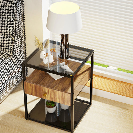 Modern Tempered Glass Side Table With Drawer And Shelf