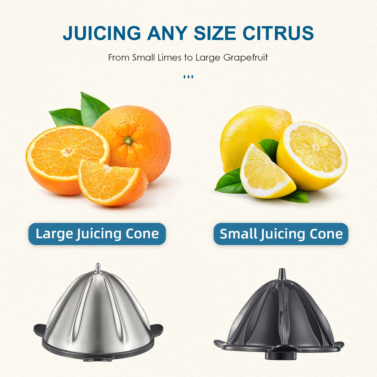 Electric Citrus Juicer With Interchangeable Cones And Zinc Alloy Shell
