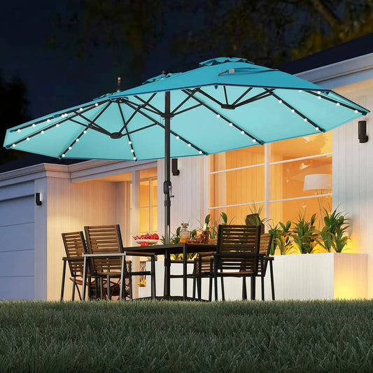 Double Sided Solar Patio Umbrella With Led Lights Vented Top