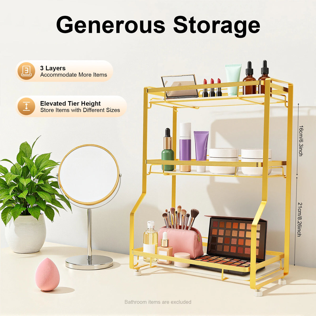Bymaocar 3 Tier Bathroom Countertop Organizer Gold Storage Shelf For Toiletries