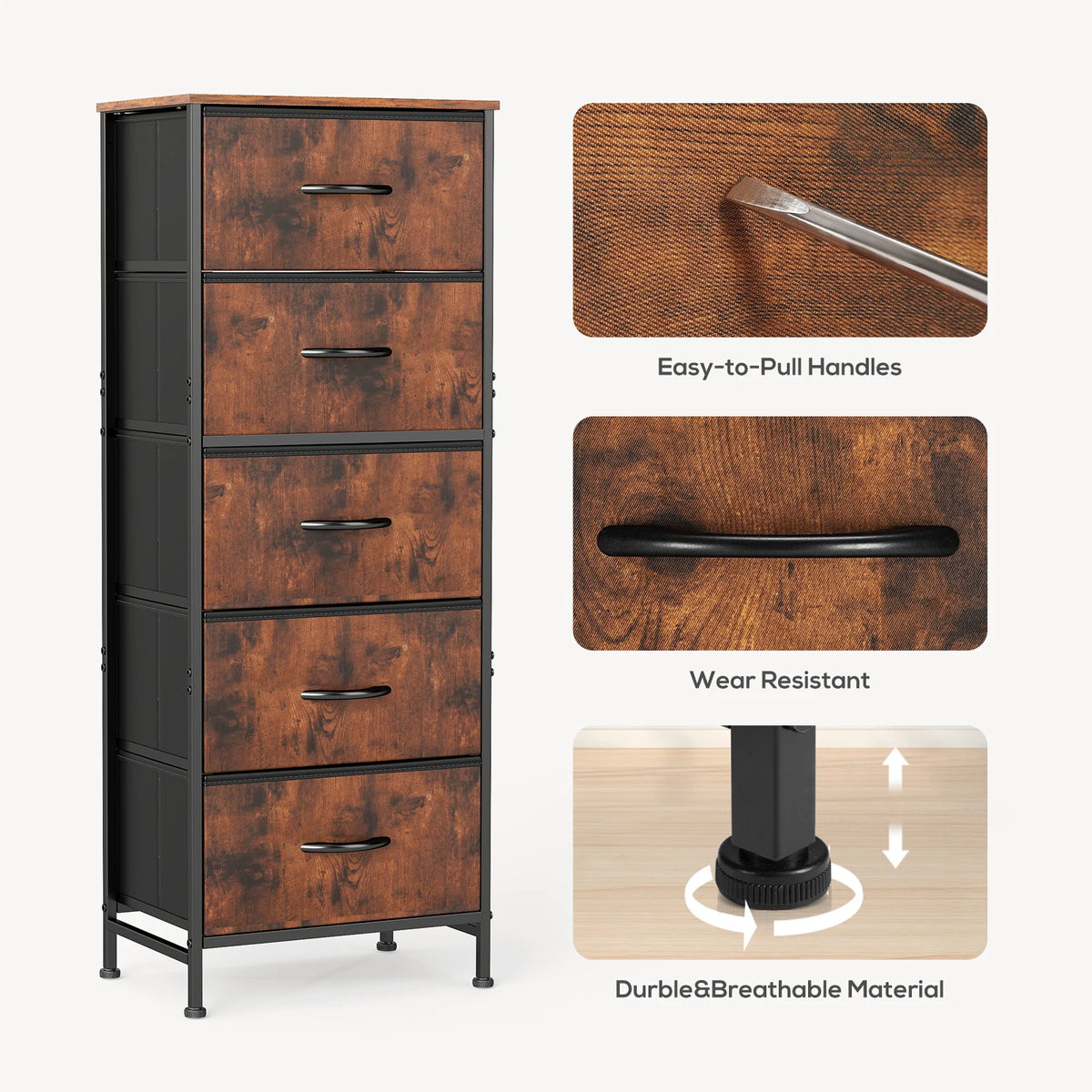 JHK Five Drawers Fabric Dresser With Steel Frame Cabinet