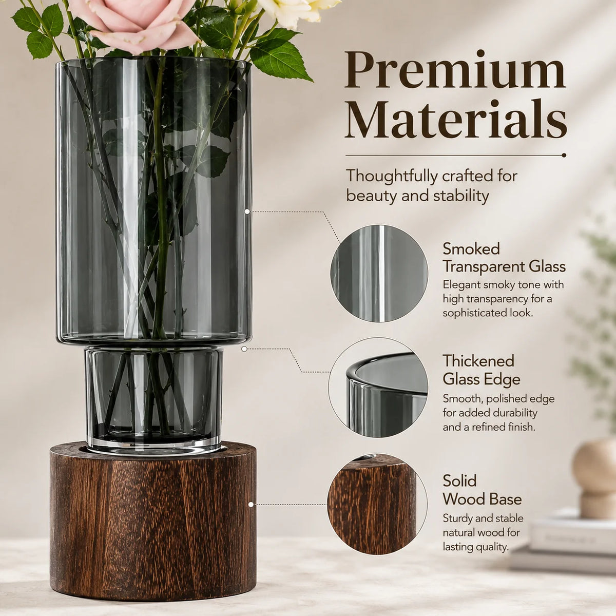 Minimalist Separable Glass Cylinder Vase With Wooden Stand