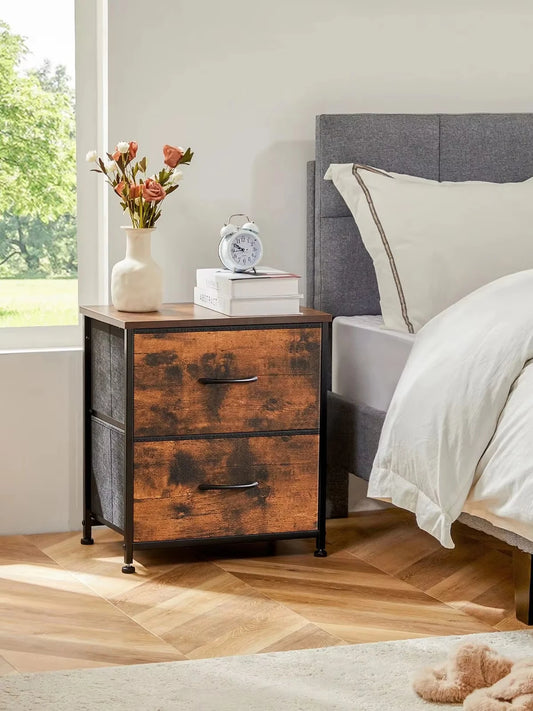 JHK Modern Metal Frame Nightstand With Two Fabric Drawers