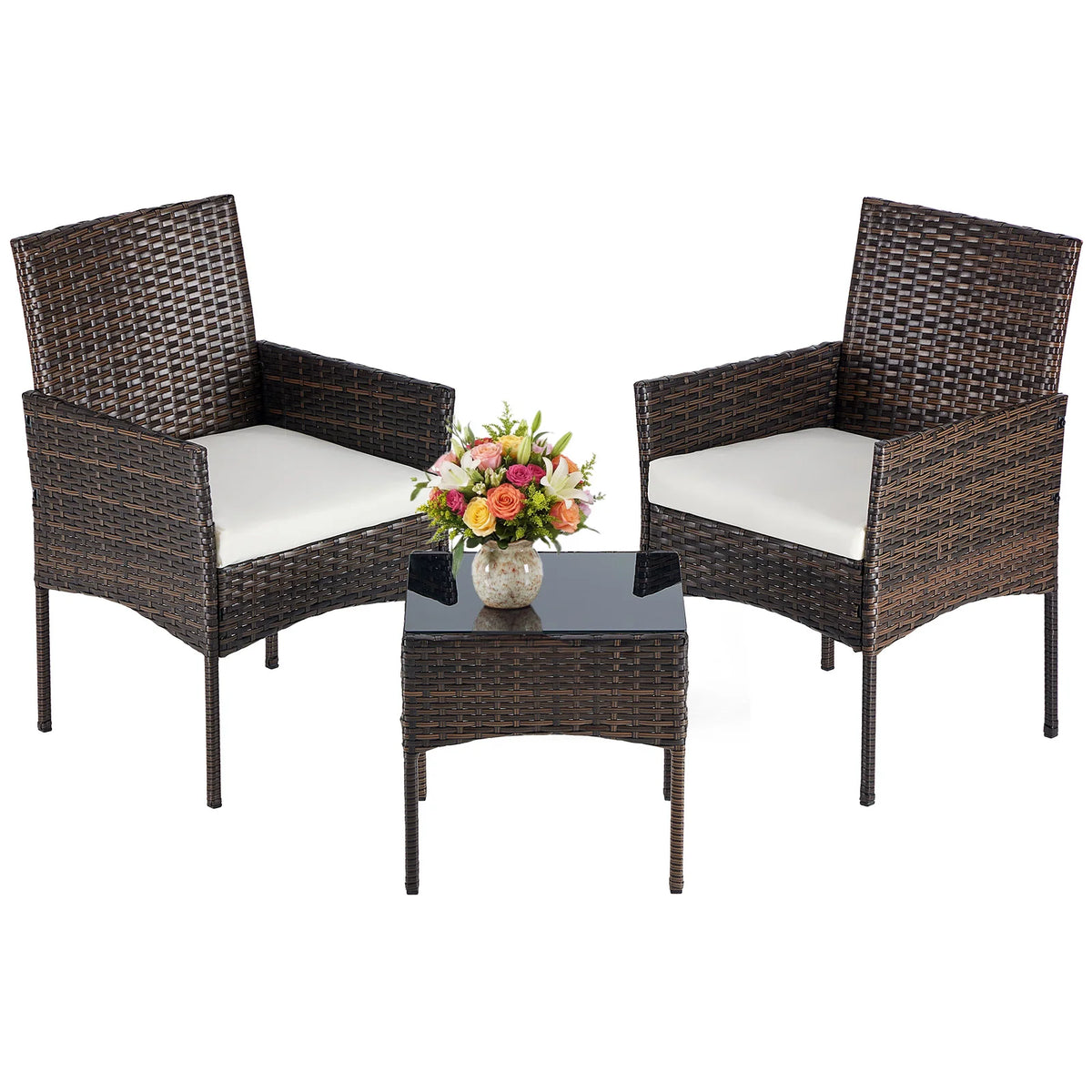 JHK Outdoor Rattan Bistro Set With Glass Table And Cushions