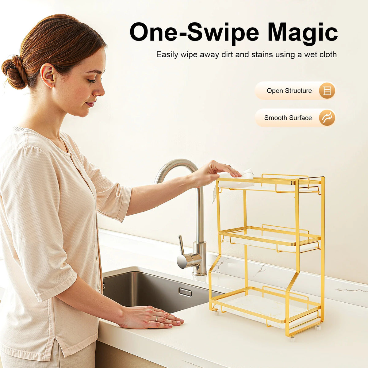 Bymaocar 3 Tier Bathroom Countertop Organizer Gold Storage Shelf For Toiletries