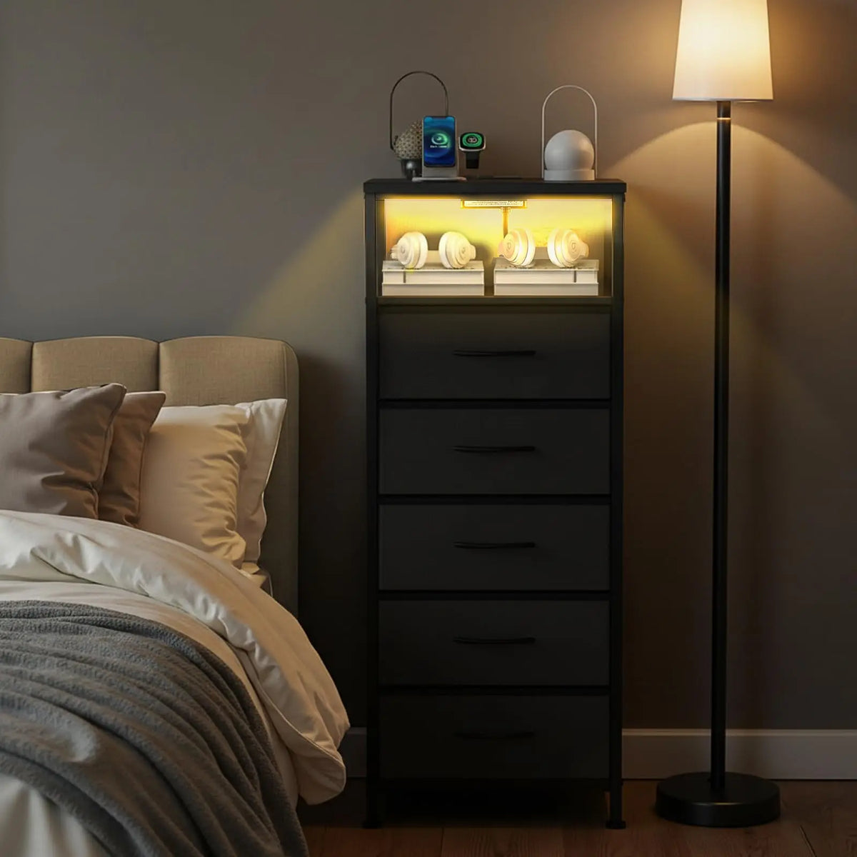 JHK Fabric Drawer Dresser With Charging Station And LED Lights