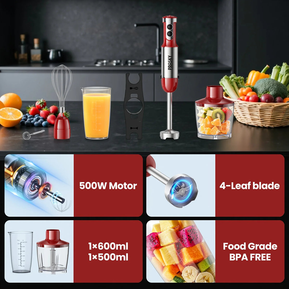 Prasky 5 In 1 Handheld Immersion Blender With High Power Motor And Attachments