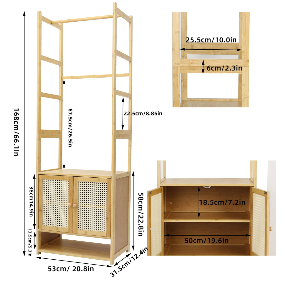 Free Standing Bamboo Clothes Stand With Cabinet And Storage Shelves