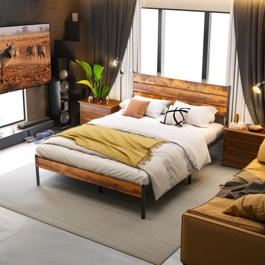 JHK Steel Platform Bed Frame With Headboard And Wooden Slats