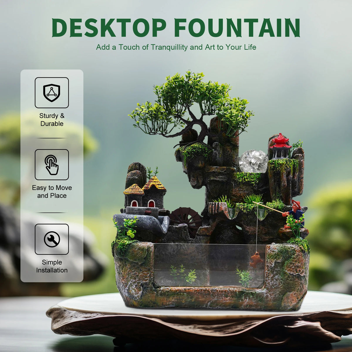 Lucky Feng Shui Money Tree Water Fountain With Resin Rockery