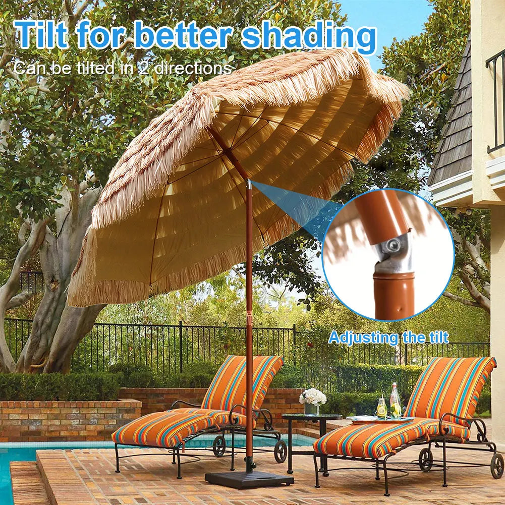 8 Rib Adjustable Thatched Beach Umbrella For Outdoor Patio Canopy