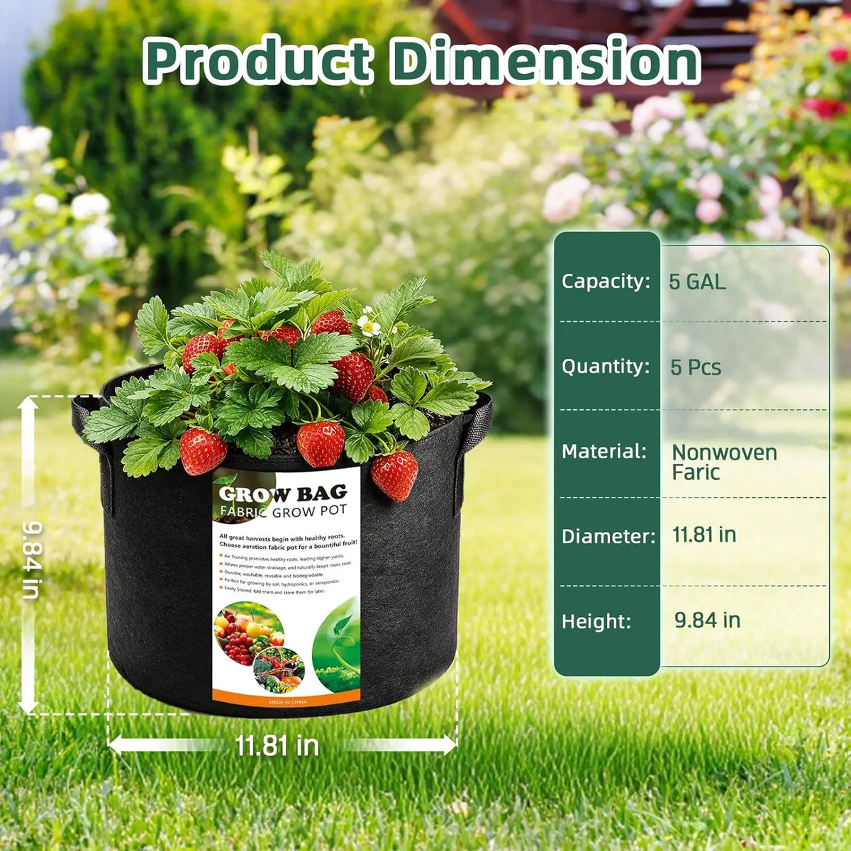 Heavy Duty 5 Gallon Growing Bags With Handles 5 Pack