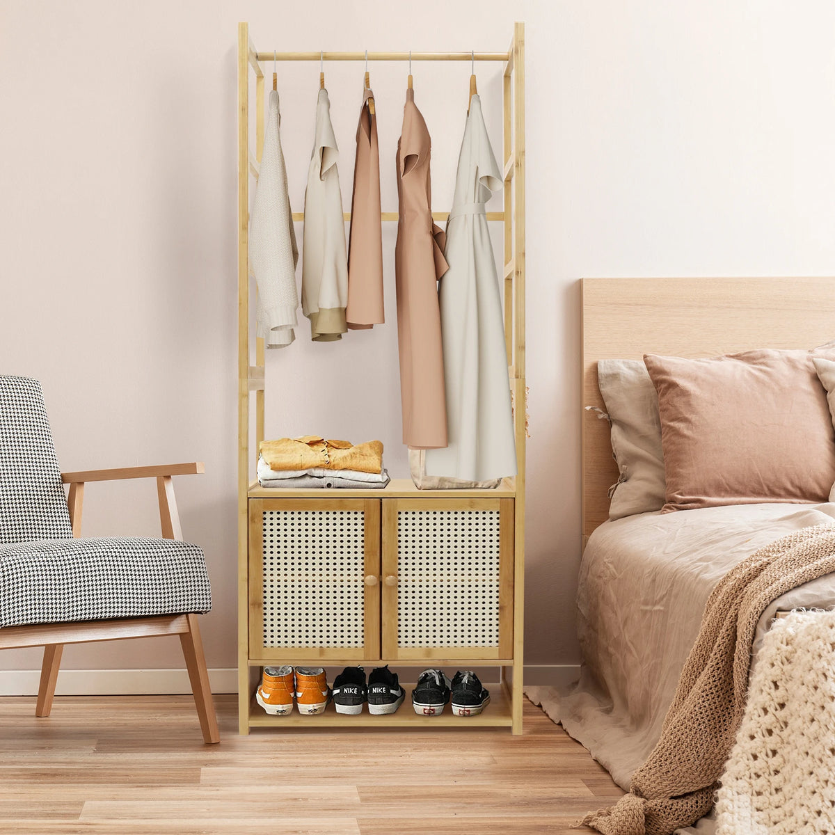 Free Standing Bamboo Clothes Stand With Cabinet And Storage Shelves