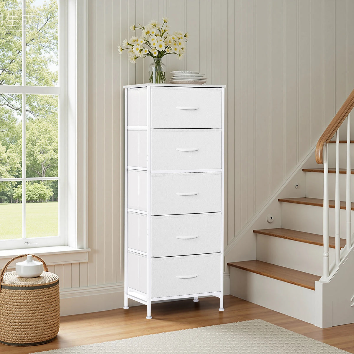 JHK Five Drawers Fabric Dresser With Steel Frame Cabinet