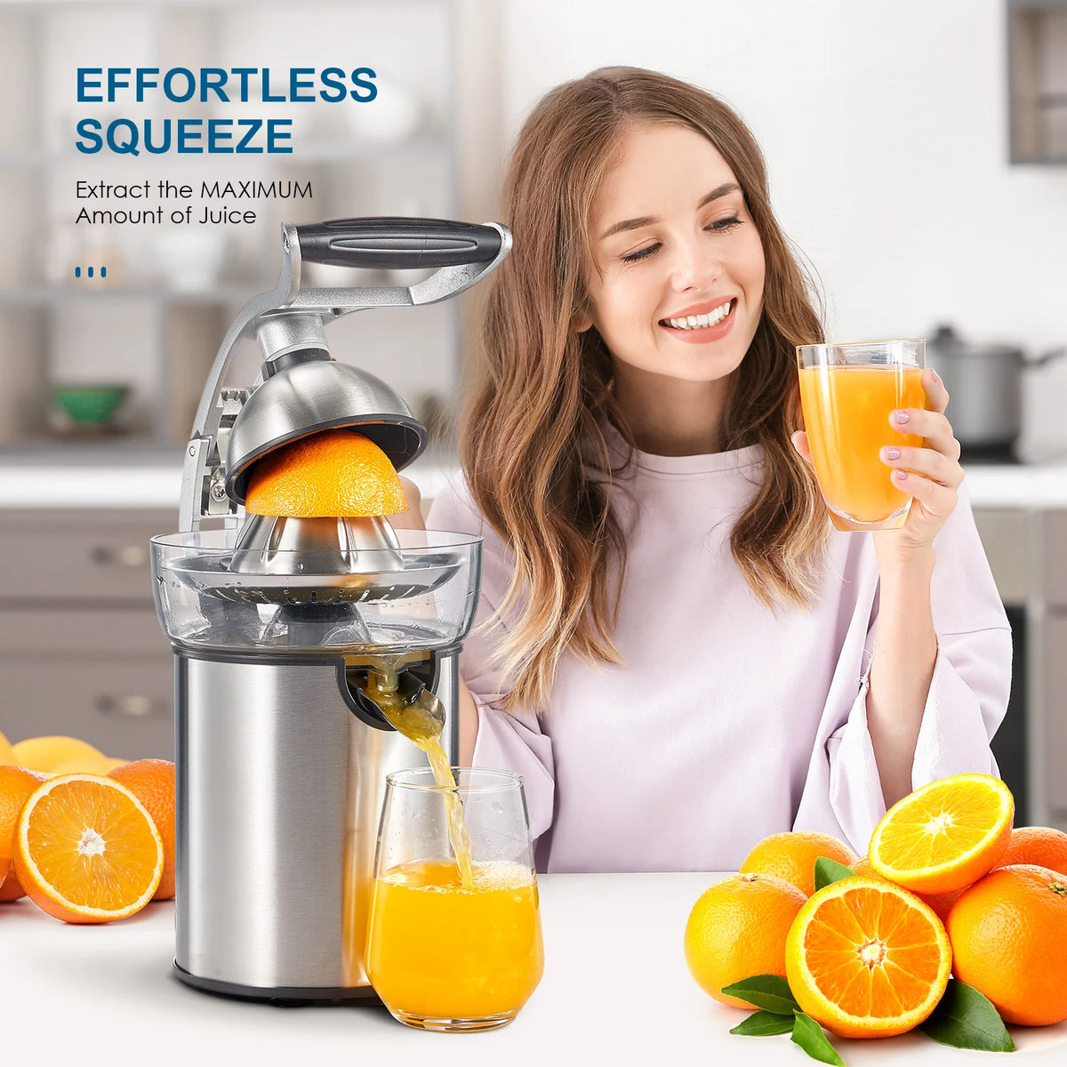 Electric Citrus Juicer With Interchangeable Cones And Zinc Alloy Shell
