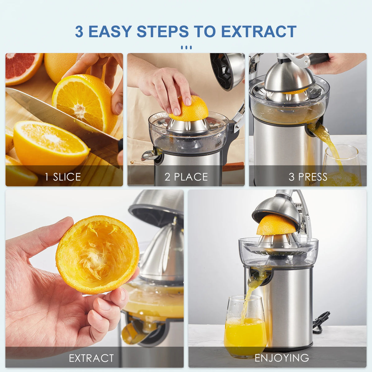 Electric Citrus Juicer With Interchangeable Cones And Zinc Alloy Shell