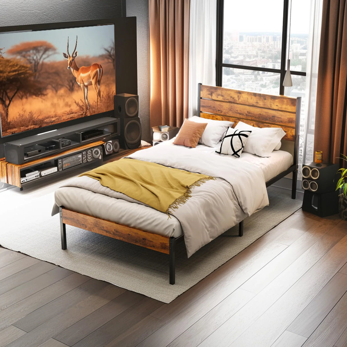 JHK Steel Platform Bed Frame With Headboard And Wooden Slats