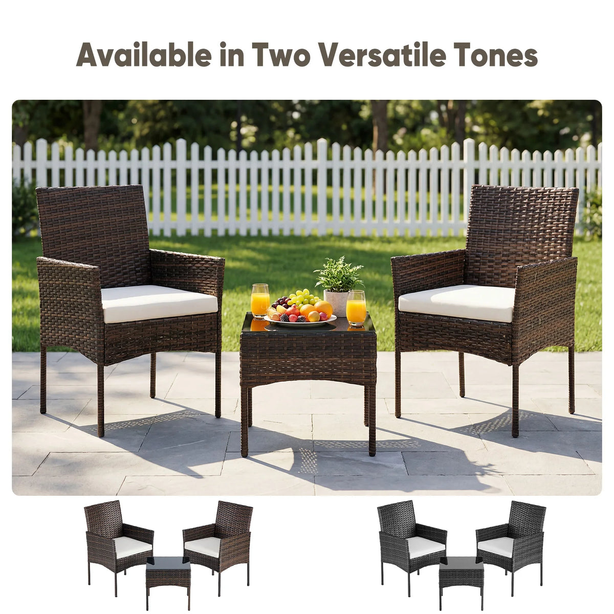 JHK Outdoor Rattan Bistro Set With Glass Table And Cushions
